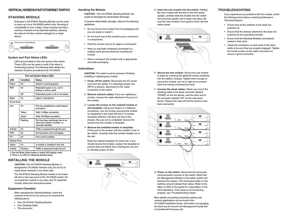 ENTERASYS VH-STACK QUICK INSTALLATION MANUAL Pdf Download | ManualsLib