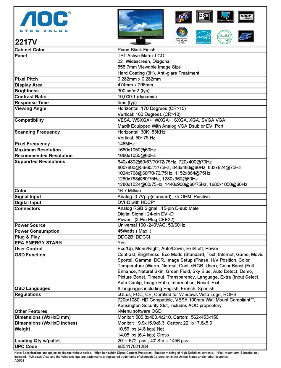 aoc 2217v specifications