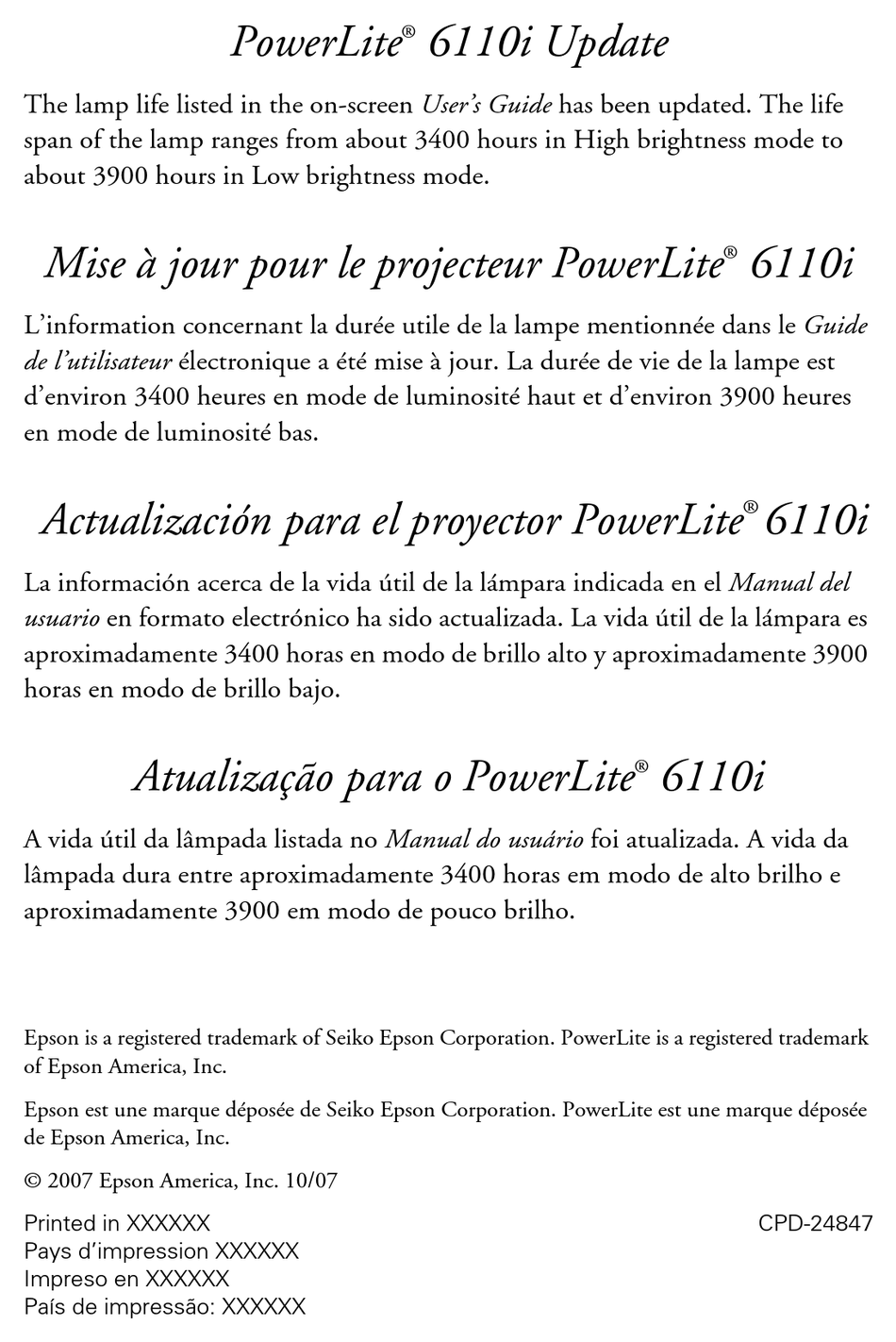 EPSON POWERLITE 6110I PROJECTOR 