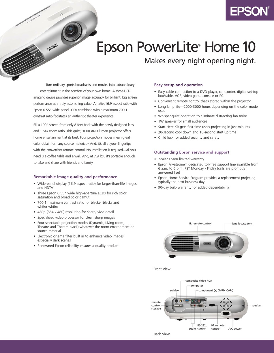 Epson Powerlite Home 10 Projector Specifications Manualslib 2789