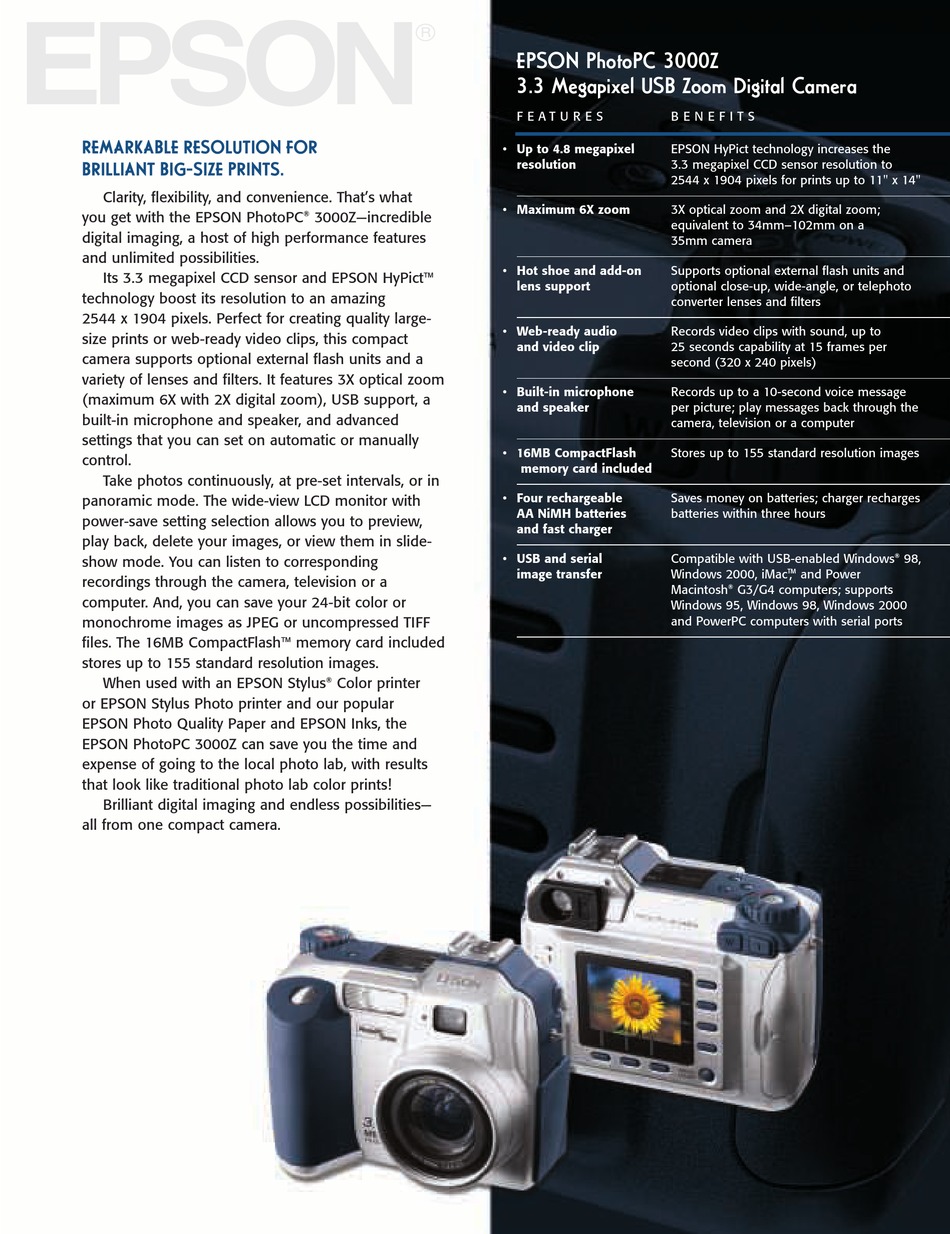 EPSON PHOTOPC 3000Z DIGITAL CAMERA SPECIFICATIONS | ManualsLib