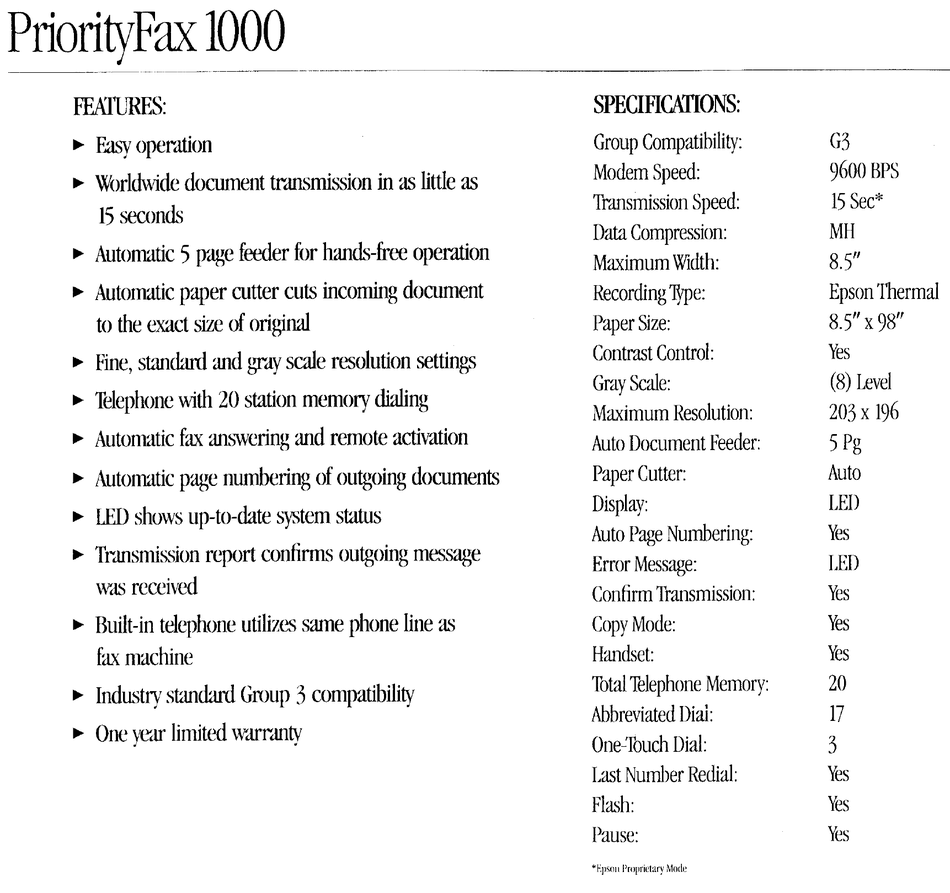 EPSON PRIORITYFAX 1000 FAX MACHINE SPECIFICATIONS | ManualsLib