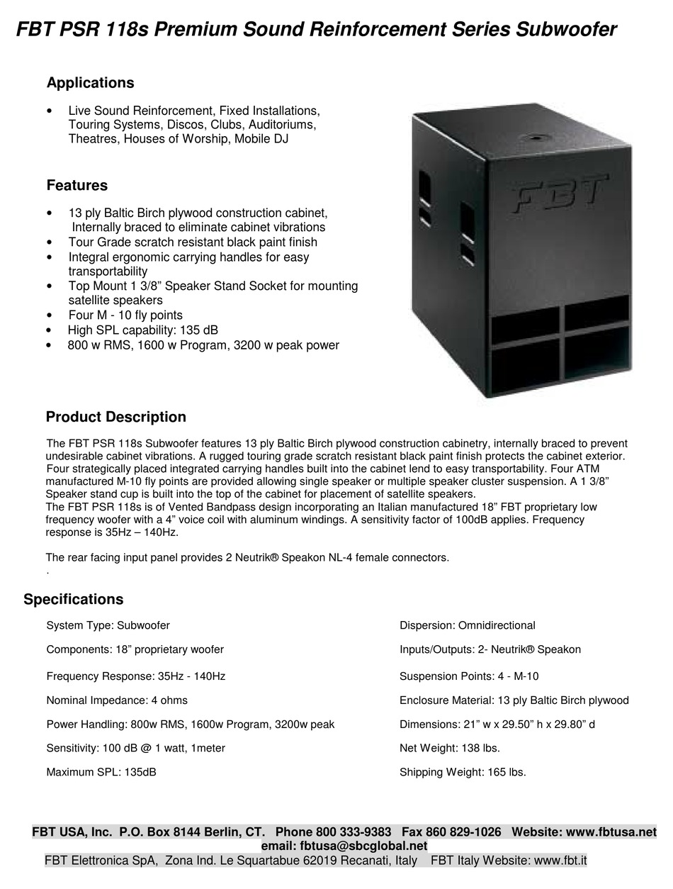 Fbt Psr 118s Specifications Pdf Download Manualslib