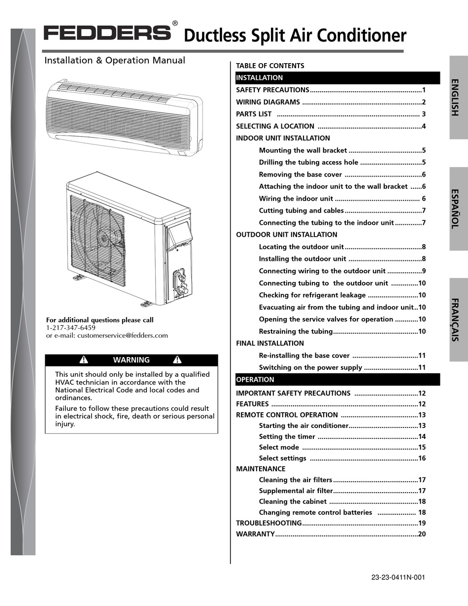 FEDDERS HFC1009N2F AIR CONDITIONER INSTALLATION AND OPERATION MANUAL