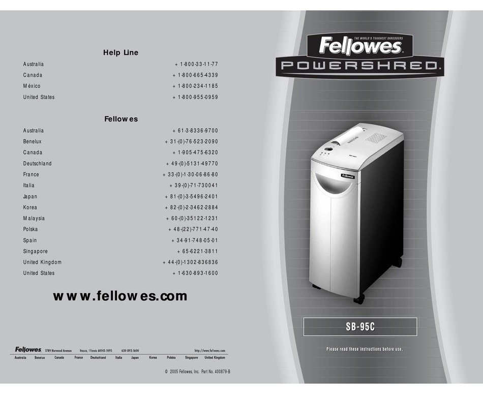 Fellowes Powershred Sb 95c User Manual Pdf Download Manualslib