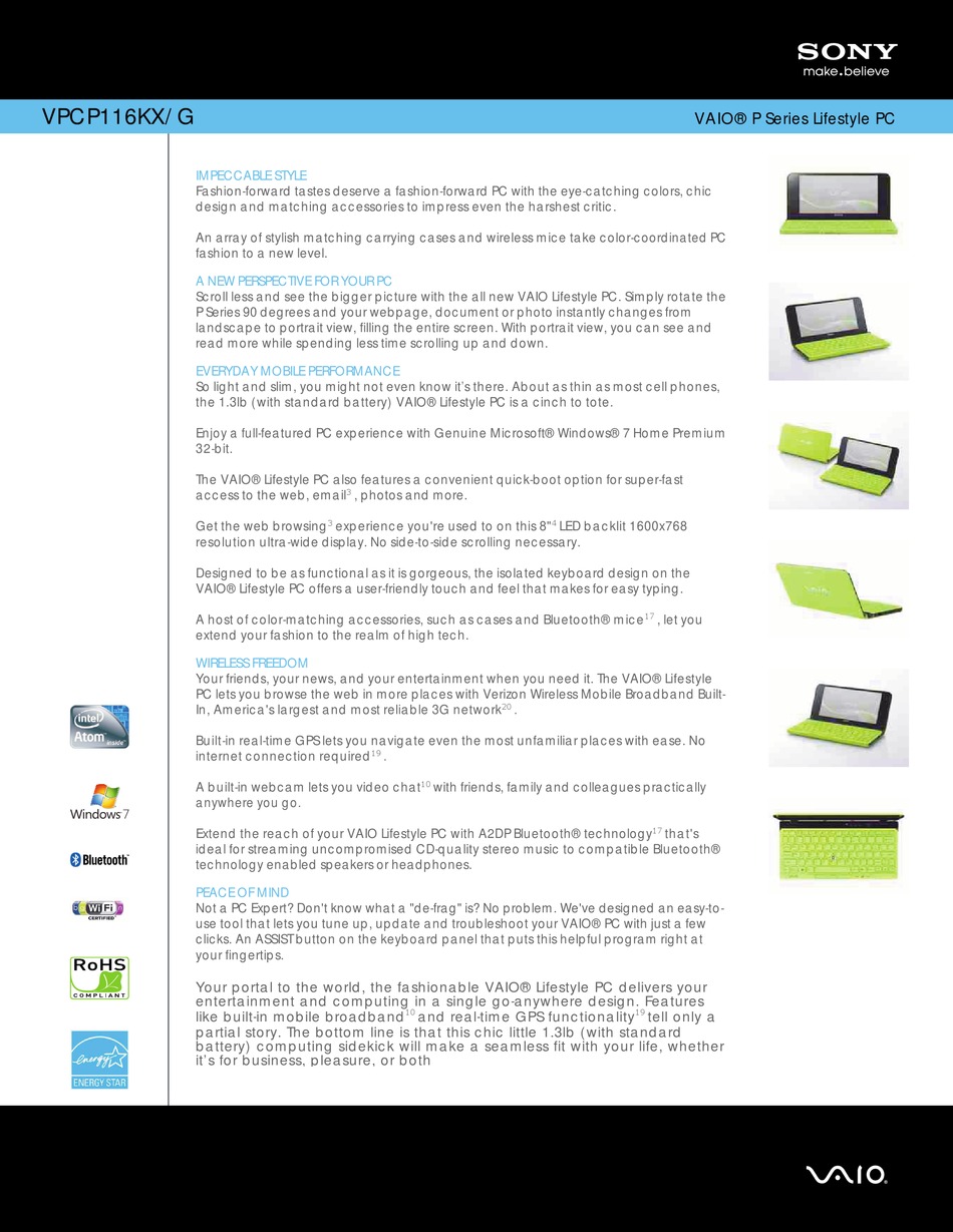 SONY VAIO VPCP116KX/G LAPTOP SPECIFICATION SHEET | ManualsLib