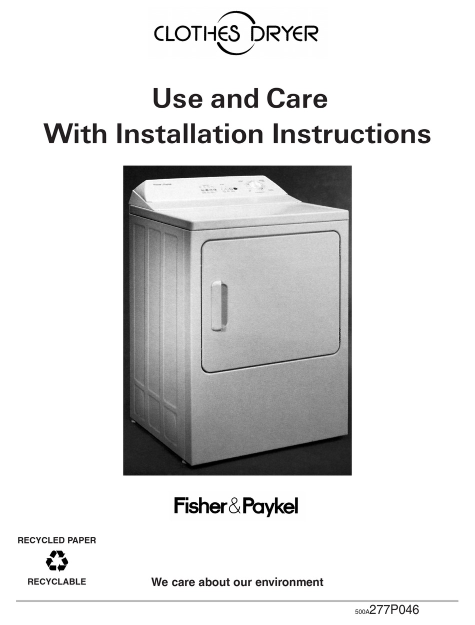 FISHER & PAYKEL DE09 DRYER USE AND INSTALLATION MANUAL ManualsLib