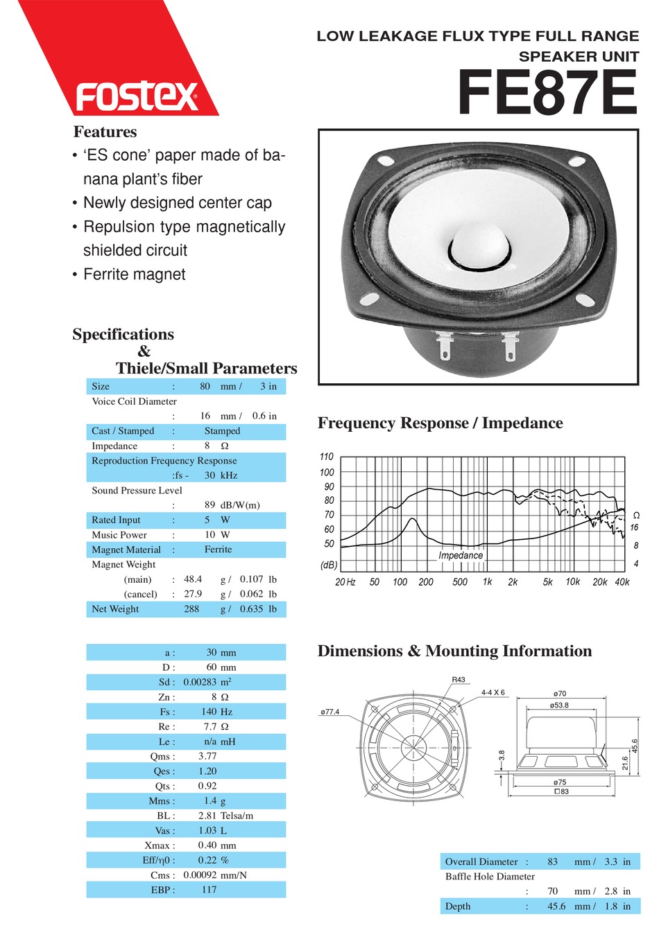 FOSTEX FE87E SPEAKER SPECIFICATIONS | ManualsLib