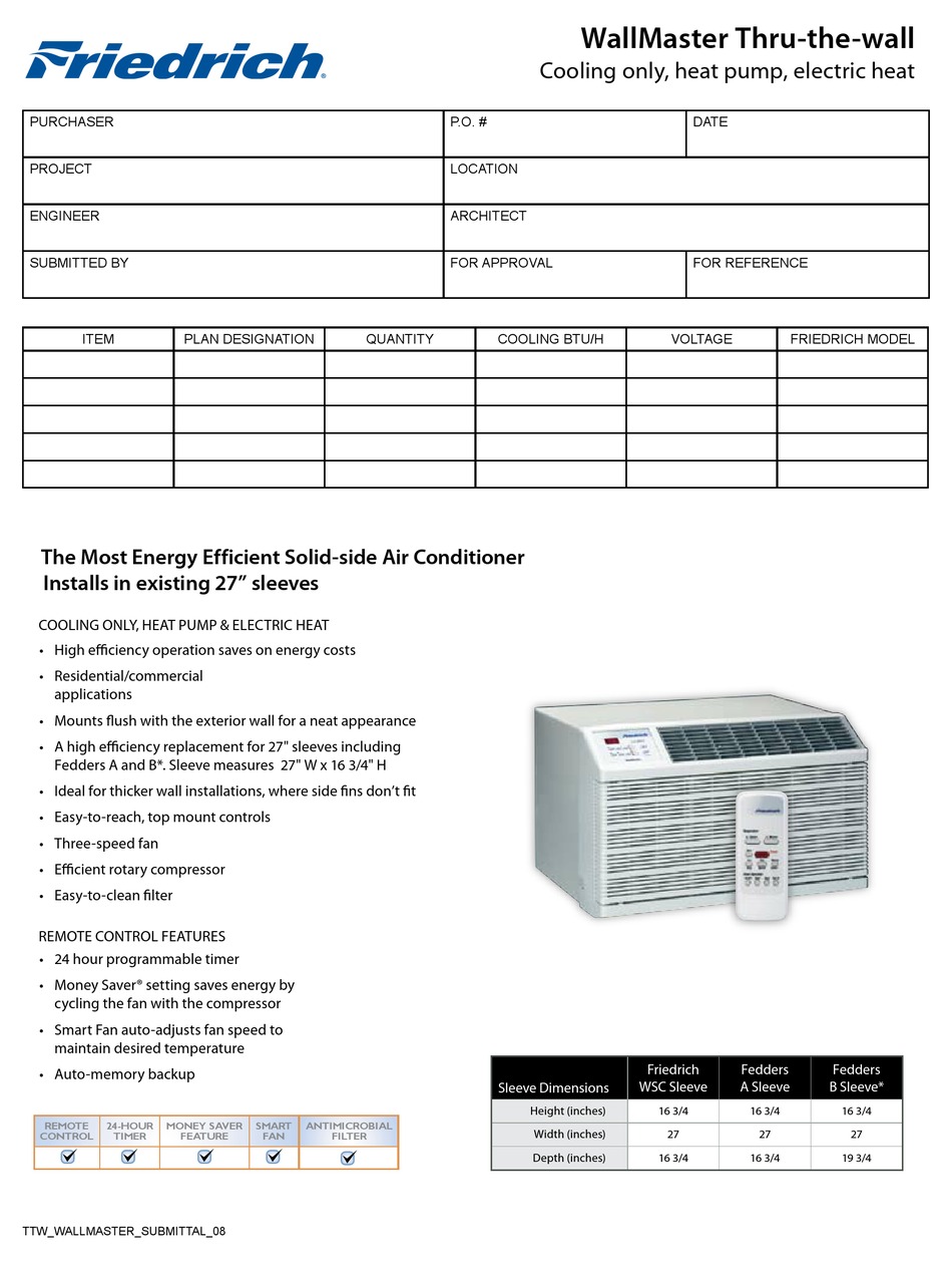 FRIEDRICH WALLMASTER WE10B33C AIR CONDITIONER SPECIFICATIONS ManualsLib