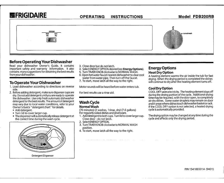 FRIGIDAIRE FDB200RB DISHWASHER OPERATING INSTRUCTIONS ManualsLib