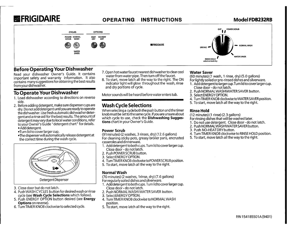 FRIGIDAIRE FDB232RB DISHWASHER OPERATING INSTRUCTIONS ManualsLib