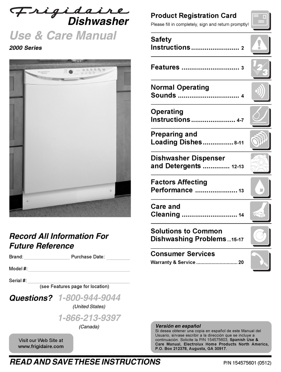 FRIGIDAIRE FDB2510LCC1 DISHWASHER USE AND CARE MANUAL ManualsLib