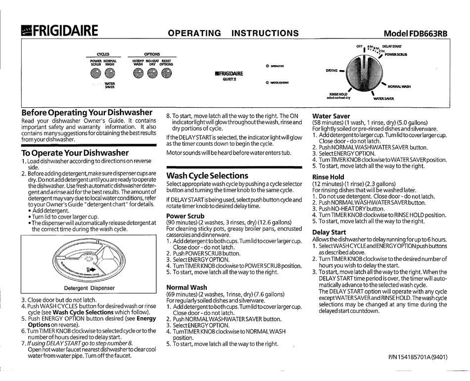 FRIGIDAIRE FDB663RB DISHWASHER OPERATING INSTRUCTIONS ManualsLib
