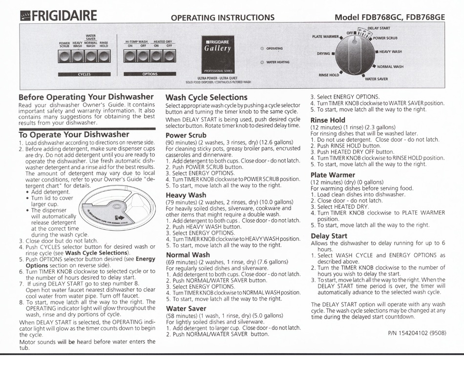 FRIGIDAIRE FDB768GD DISHWASHER OPERATING INSTRUCTIONS ManualsLib