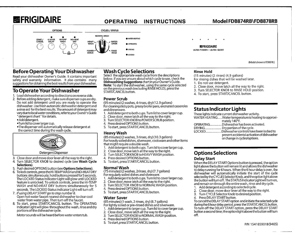 FRIGIDAIRE FDB874RB DISHWASHER OPERATING INSTRUCTIONS ManualsLib