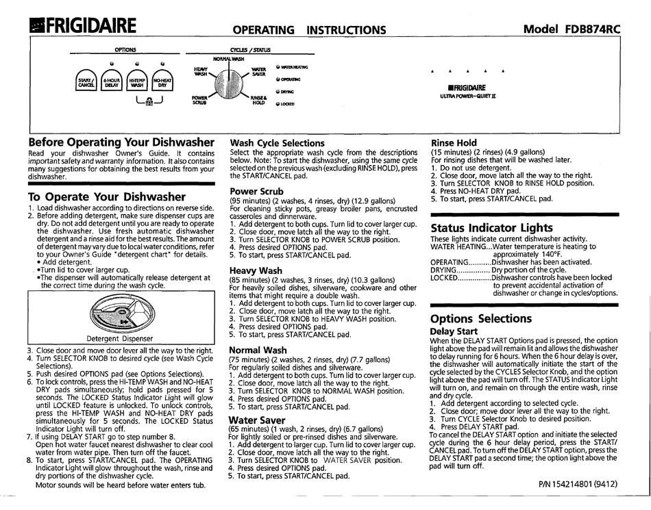 FRIGIDAIRE FDB874RC DISHWASHER OPERATING INSTRUCTIONS ManualsLib
