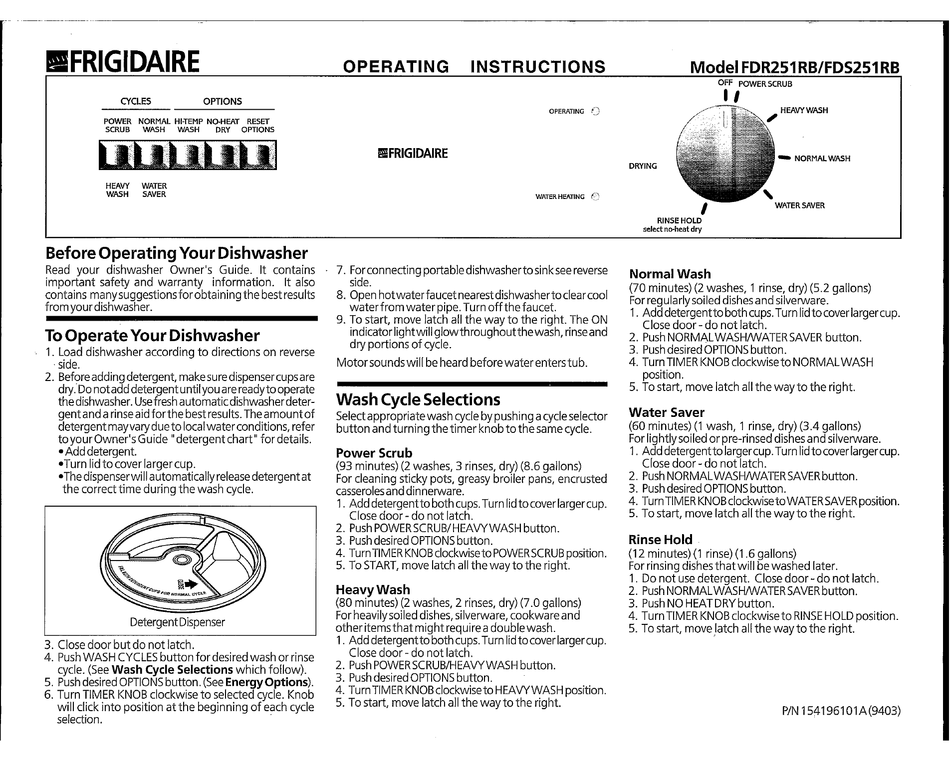 FRIGIDAIRE FDR251RB DISHWASHER OPERATING INSTRUCTIONS ManualsLib