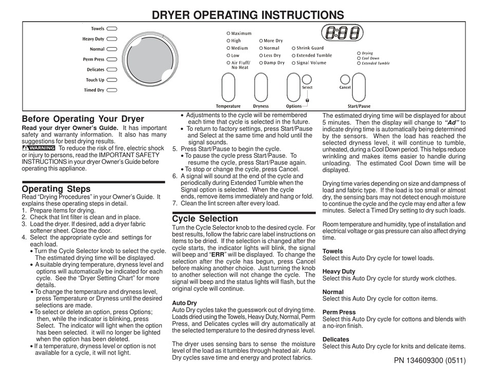 FRIGIDAIRE AEQB7000ES0 DRYER OPERATING INSTRUCTIONS MANUAL ManualsLib