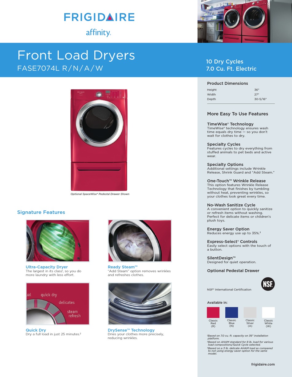 FRIGIDAIRE AFFINITY FASE7074L DRYER SPECIFICATIONS ManualsLib