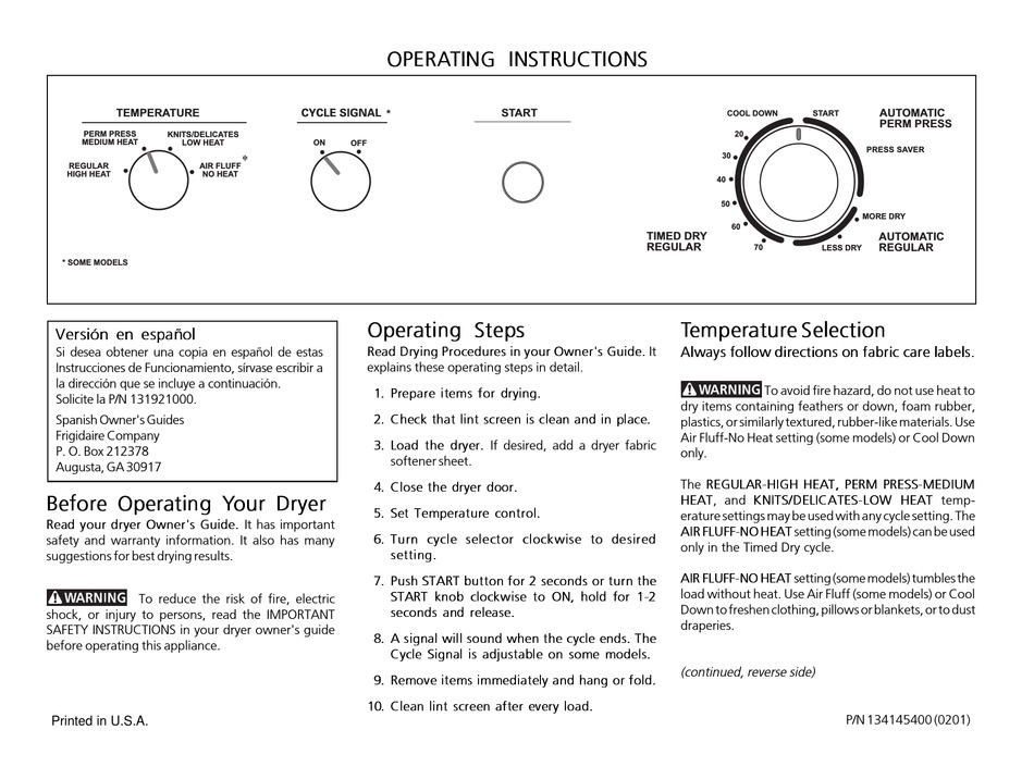 FRIGIDAIRE GLER341AS1 DRYER OPERATING INSTRUCTIONS ManualsLib