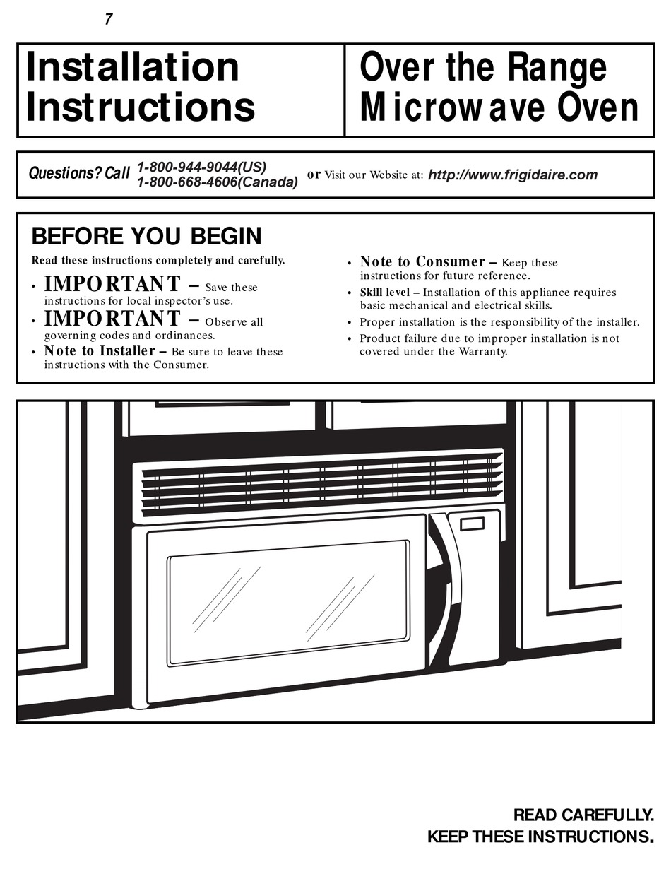 FRIGIDAIRE FMV157G MICROWAVE OVEN INSTALLATION INSTRUCTIONS MANUAL 