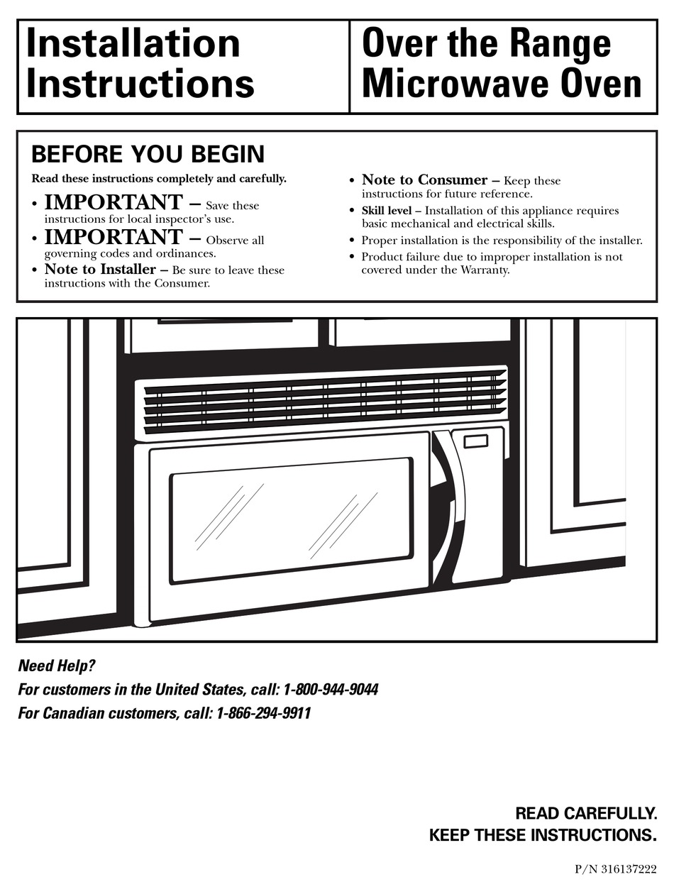 FRIGIDAIRE GLMV168C MICROWAVE OVEN INSTALLATION INSTRUCTIONS MANUAL