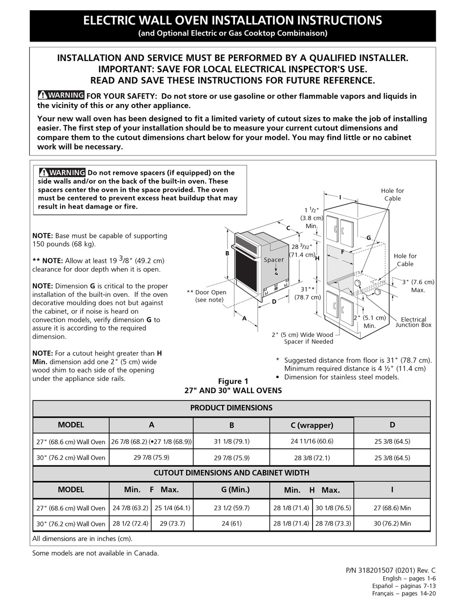 FRIGIDAIRE FEB789WCCH OVEN INSTALLATION INSTRUCTIONS MANUAL | ManualsLib