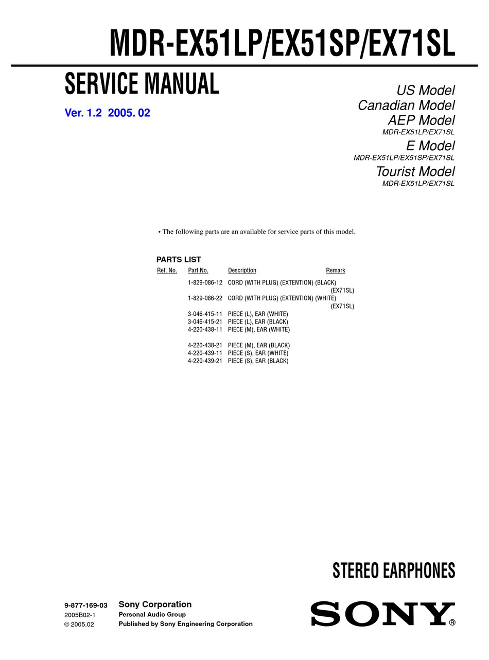 SONY MDR EX71SL HEADPHONE SERVICE MANUAL ManualsLib