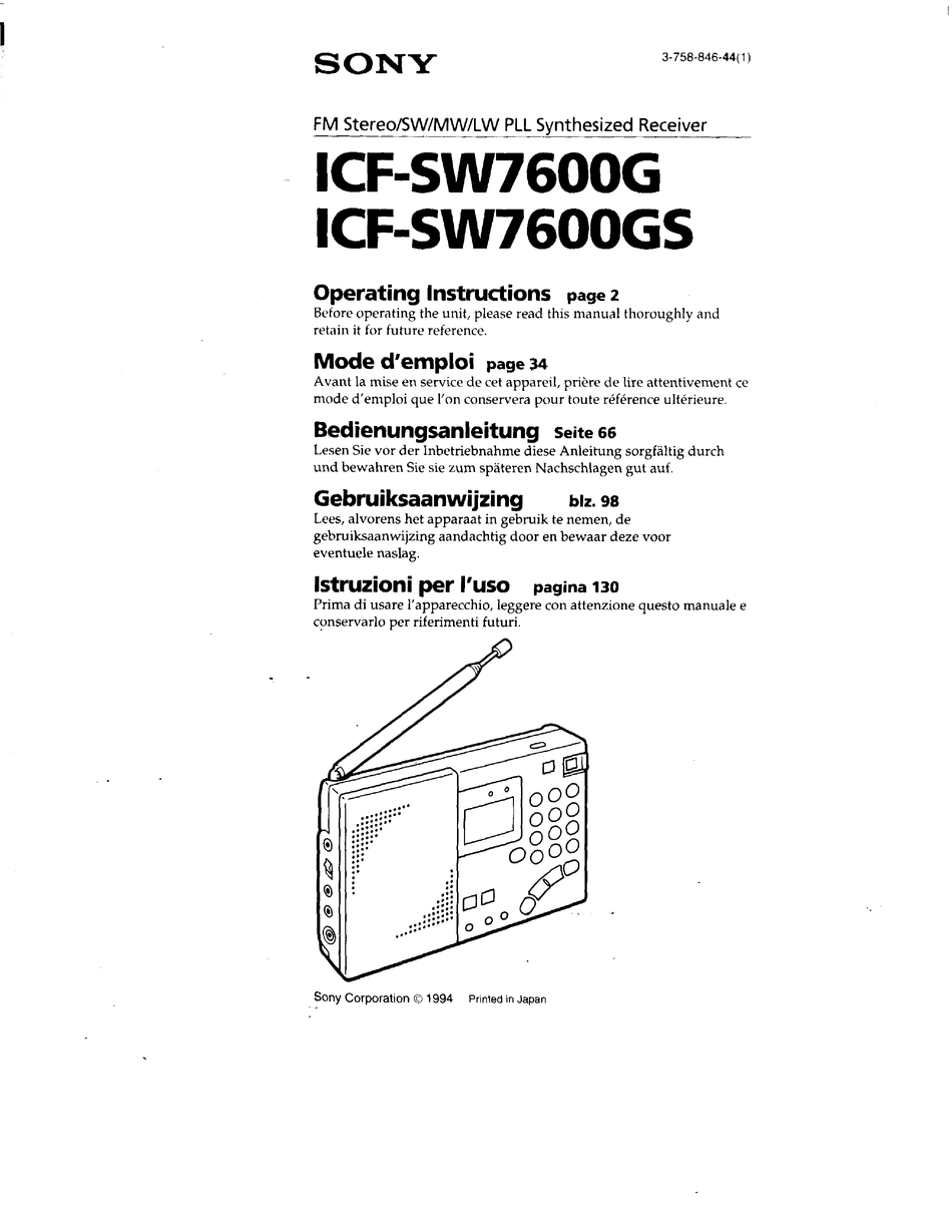 SONY ICF-SW7600G OPERATING INSTRUCTIONS (PRIMARY MANUAL) OPERATING ...