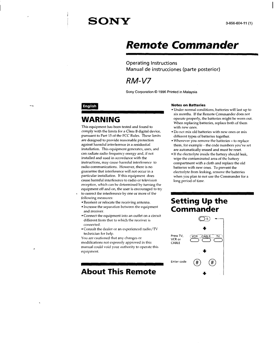 SONY REMOTE COMMANDER RMV7 REMOTE CONTROL OPERATING INSTRUCTIONS