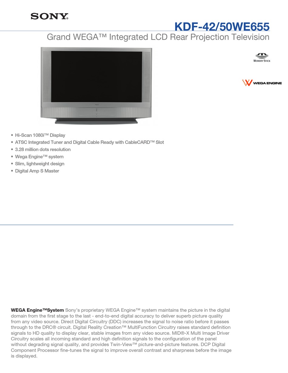 SONY GRAND WEGA KDF42WE655 PROJECTION TV SPECIFICATIONS ManualsLib