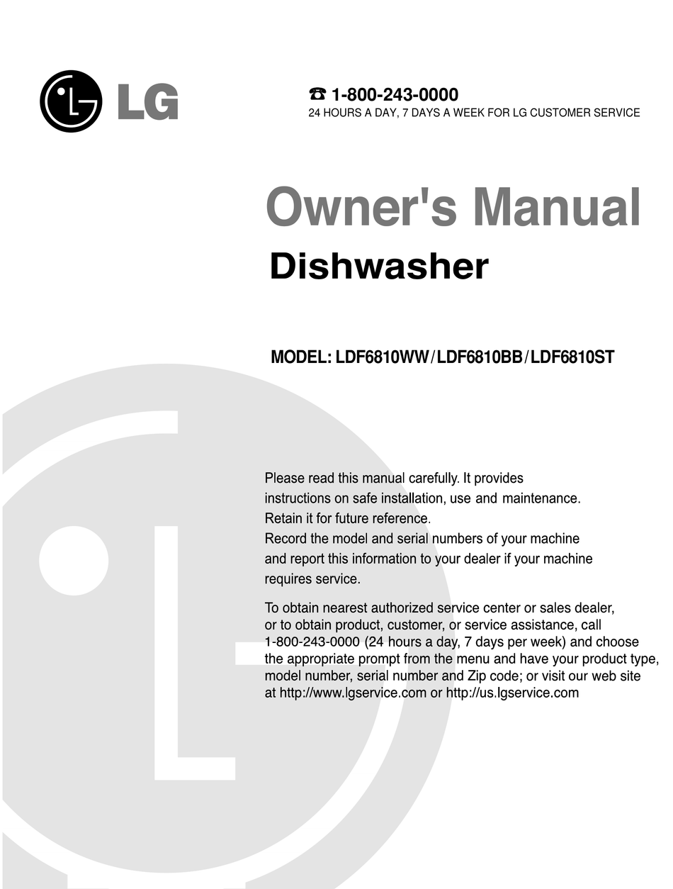 LG LDF6810BB DISHWASHER OWNER'S MANUAL | ManualsLib