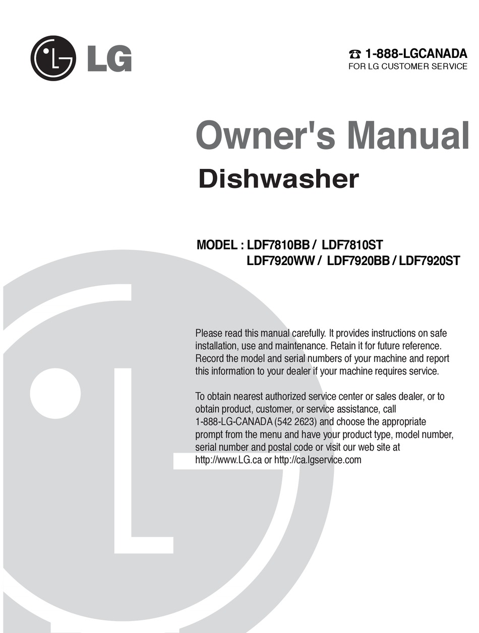 LG LDF7810 DISHWASHER OWNER'S MANUAL ManualsLib