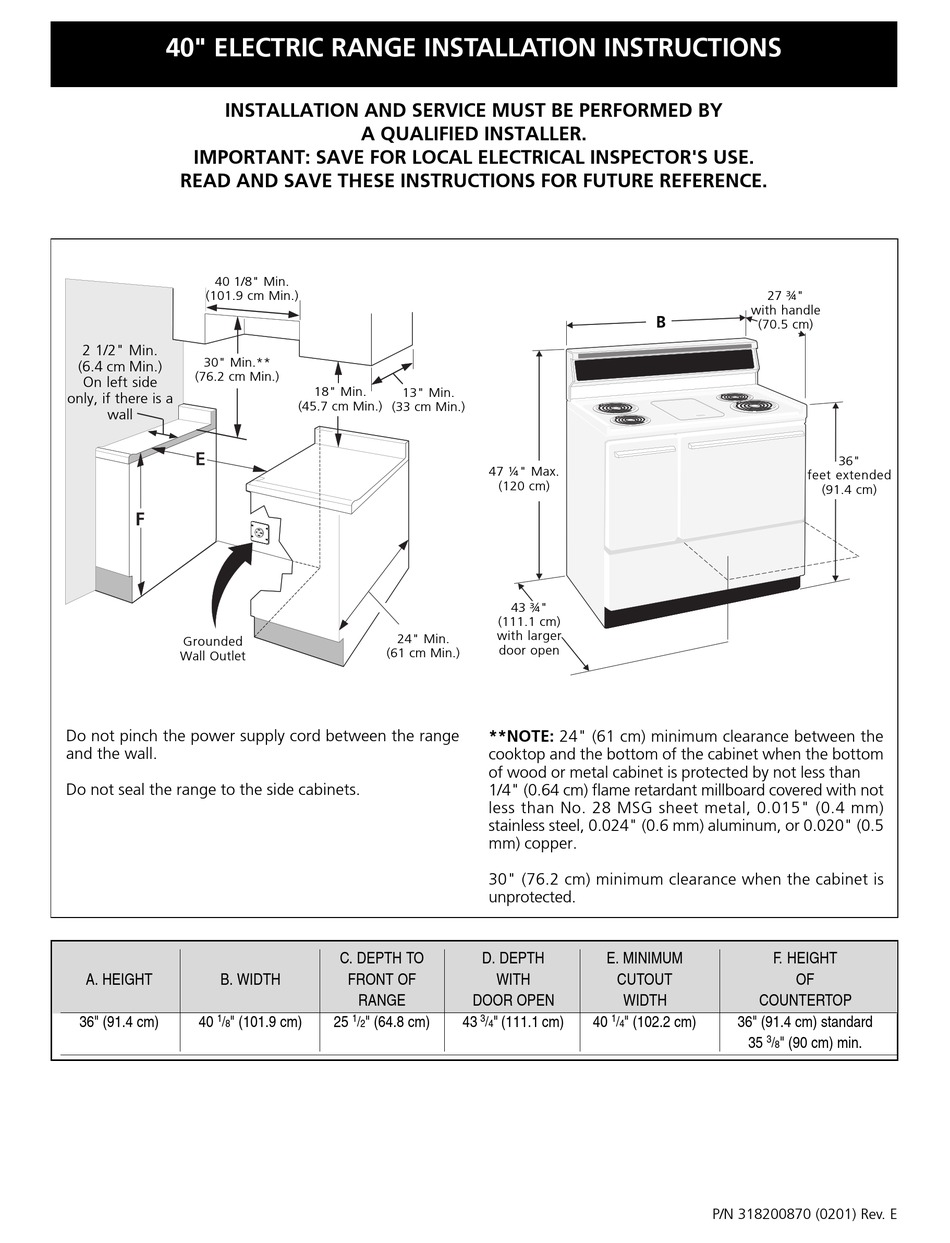 FRIGIDAIRE FFEF4005LW PRODUCT SPECIFICATIONS Pdf Download