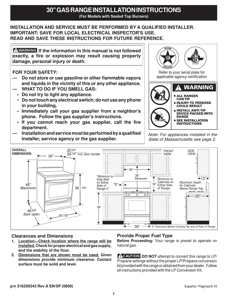 FRIGIDAIRE FFGF3017L INSTALLATION INSTRUCTIONS MANUAL Pdf Download