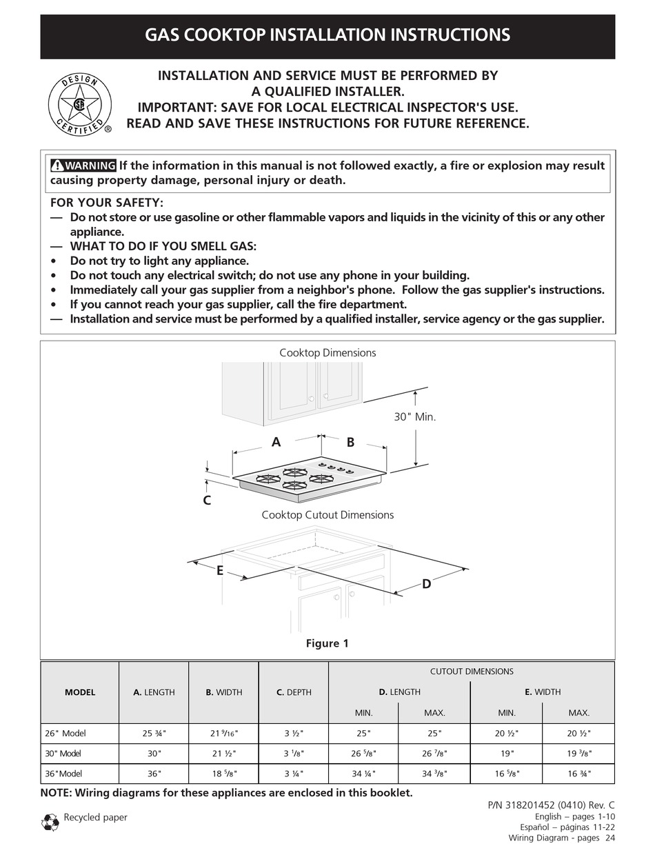 FRIGIDAIRE FGC36C4HWD INSTALLATION INSTRUCTIONS MANUAL Pdf Download
