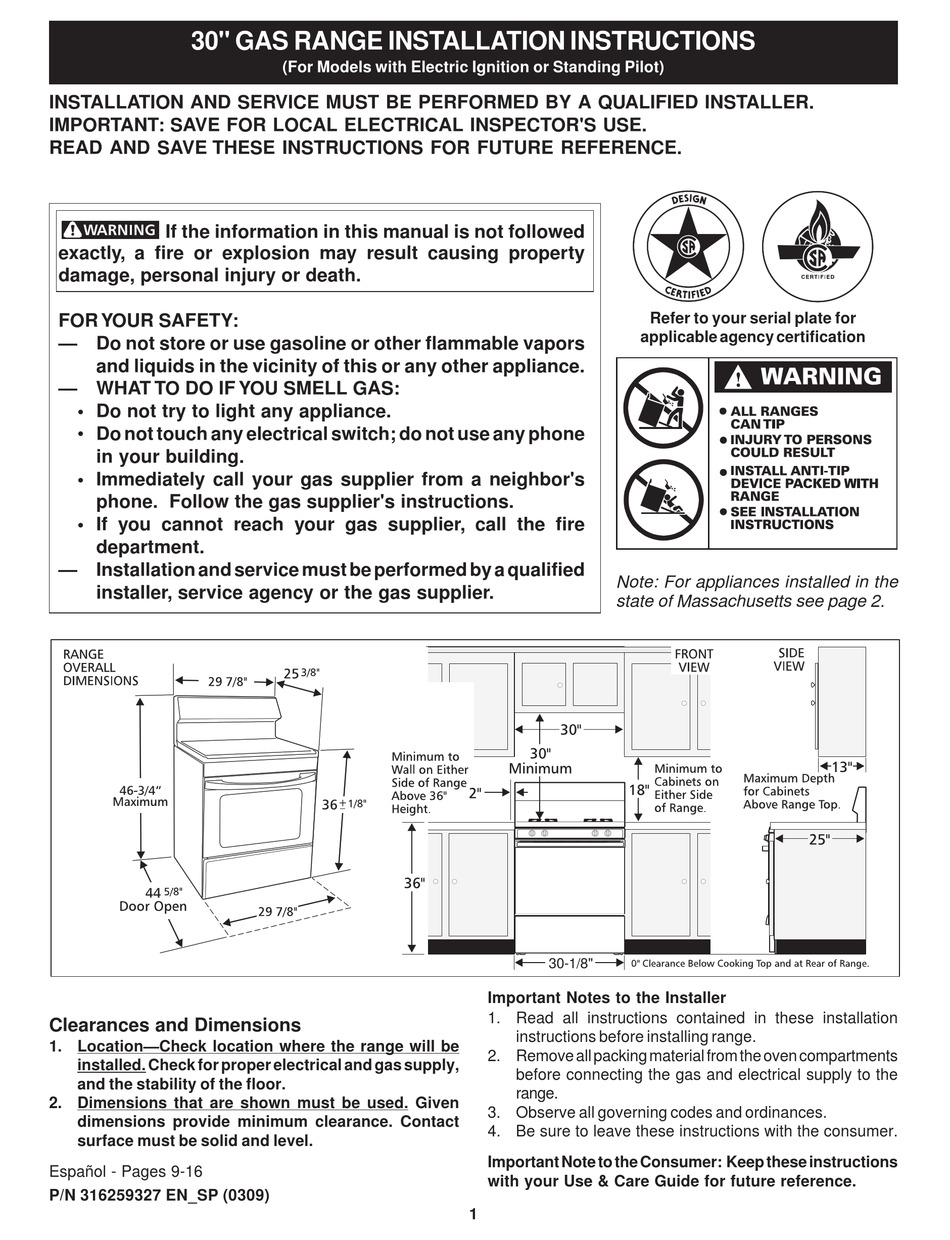 FRIGIDAIRE FGF318MXECA INSTALLATION INSTRUCTIONS MANUAL Pdf Download