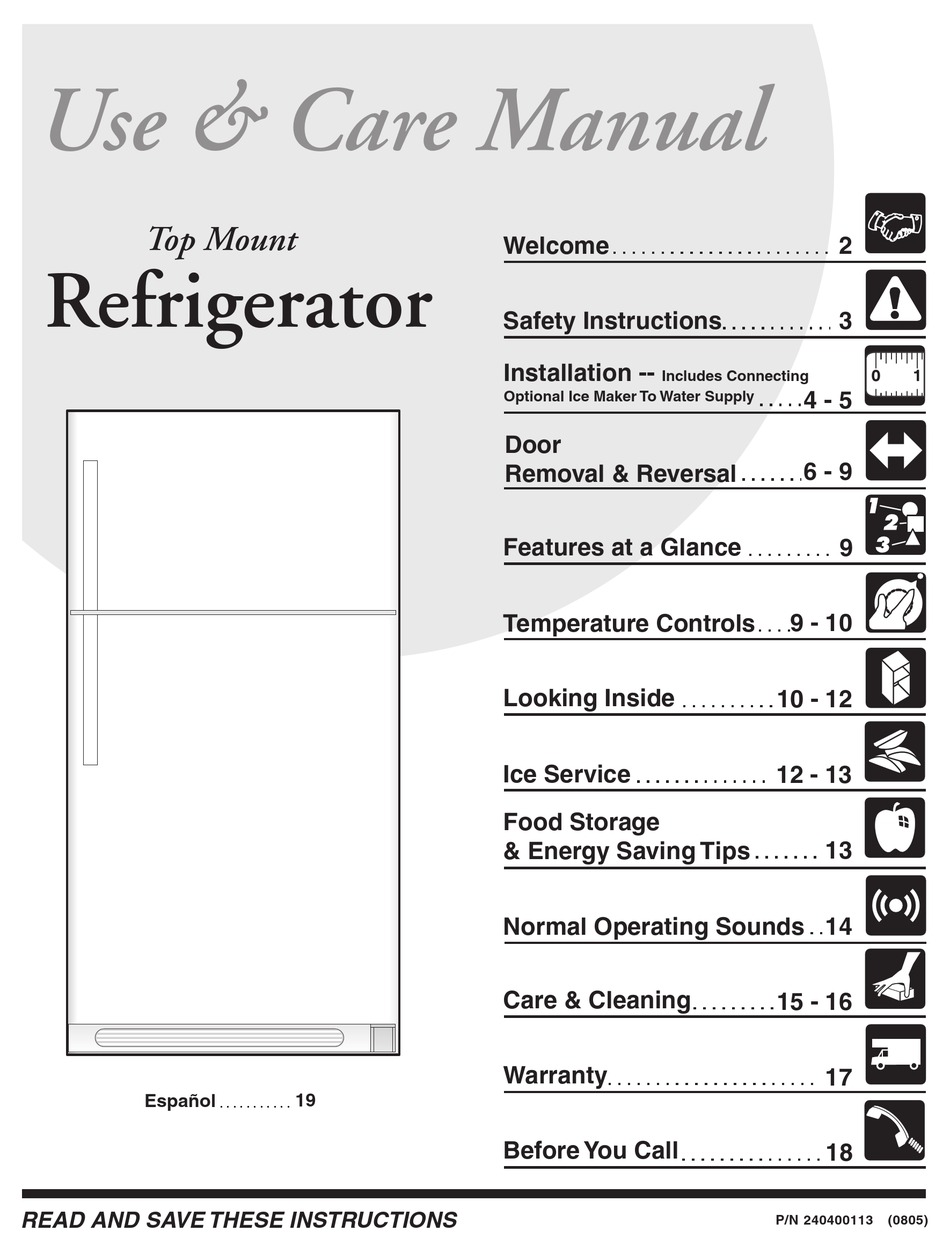 ELECTROLUX FRT8S6EMBB REFRIGERATOR USE AND CARE MANUAL | ManualsLib