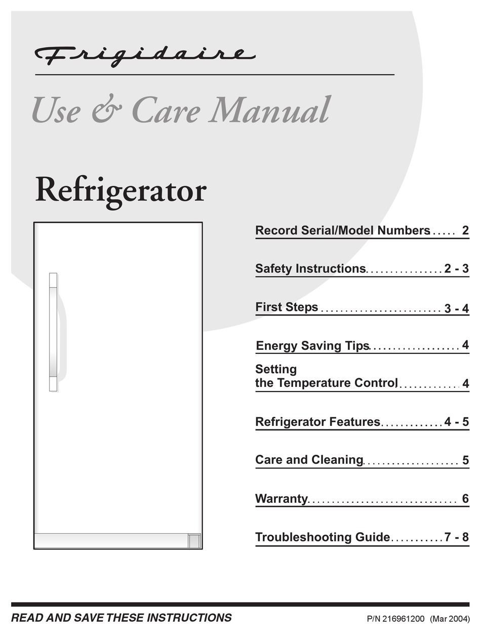 FRIGIDAIRE FRU17B2J REFRIGERATOR USE AND CARE MANUAL | ManualsLib