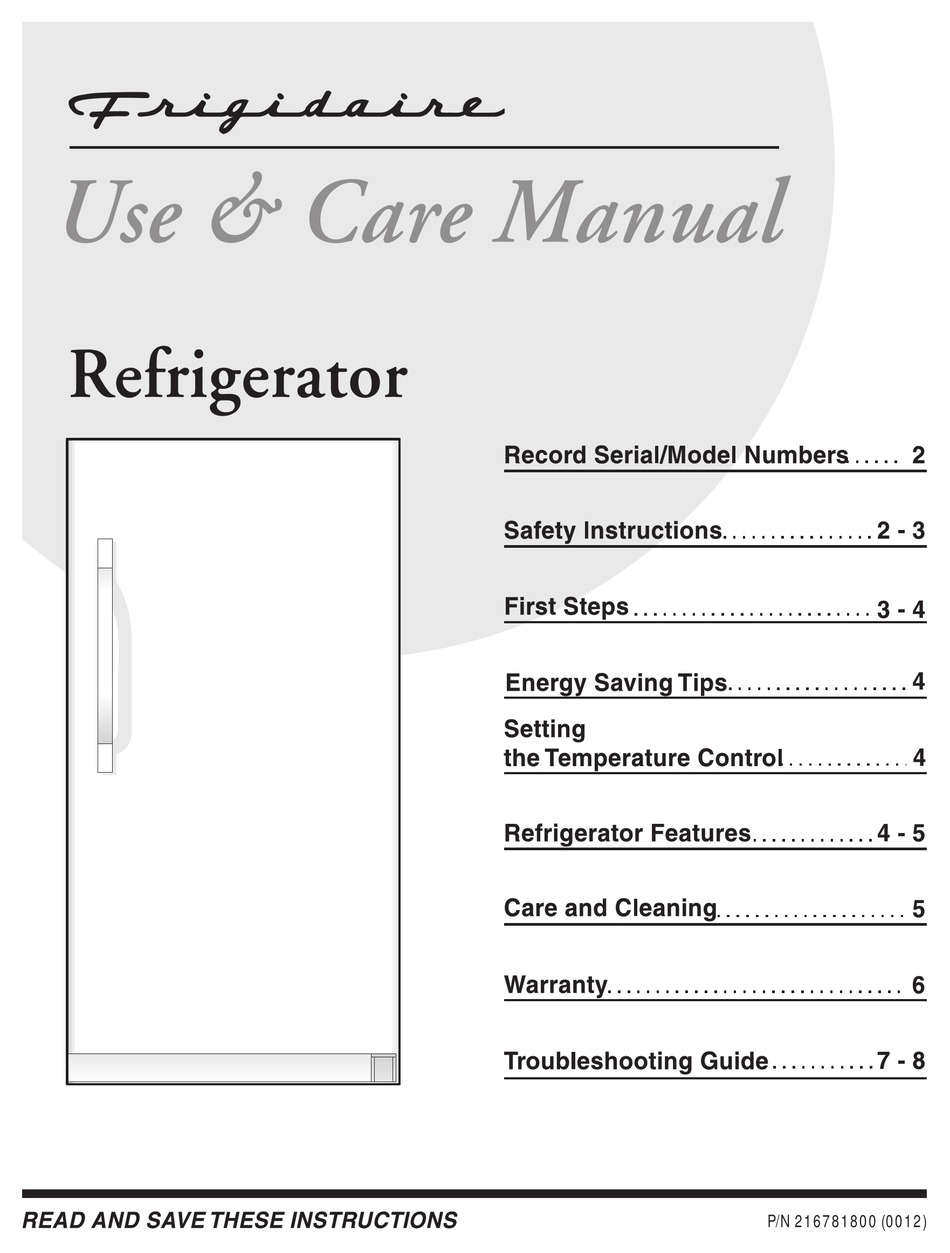 FRIGIDAIRE FRU17G4JW7 REFRIGERATOR USE & CARE MANUAL | ManualsLib