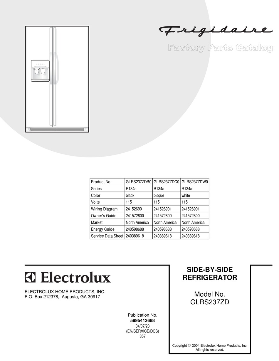 FRIGIDAIRE GLRS237ZD REFRIGERATOR FACTORY PARTS CATALOG | ManualsLib