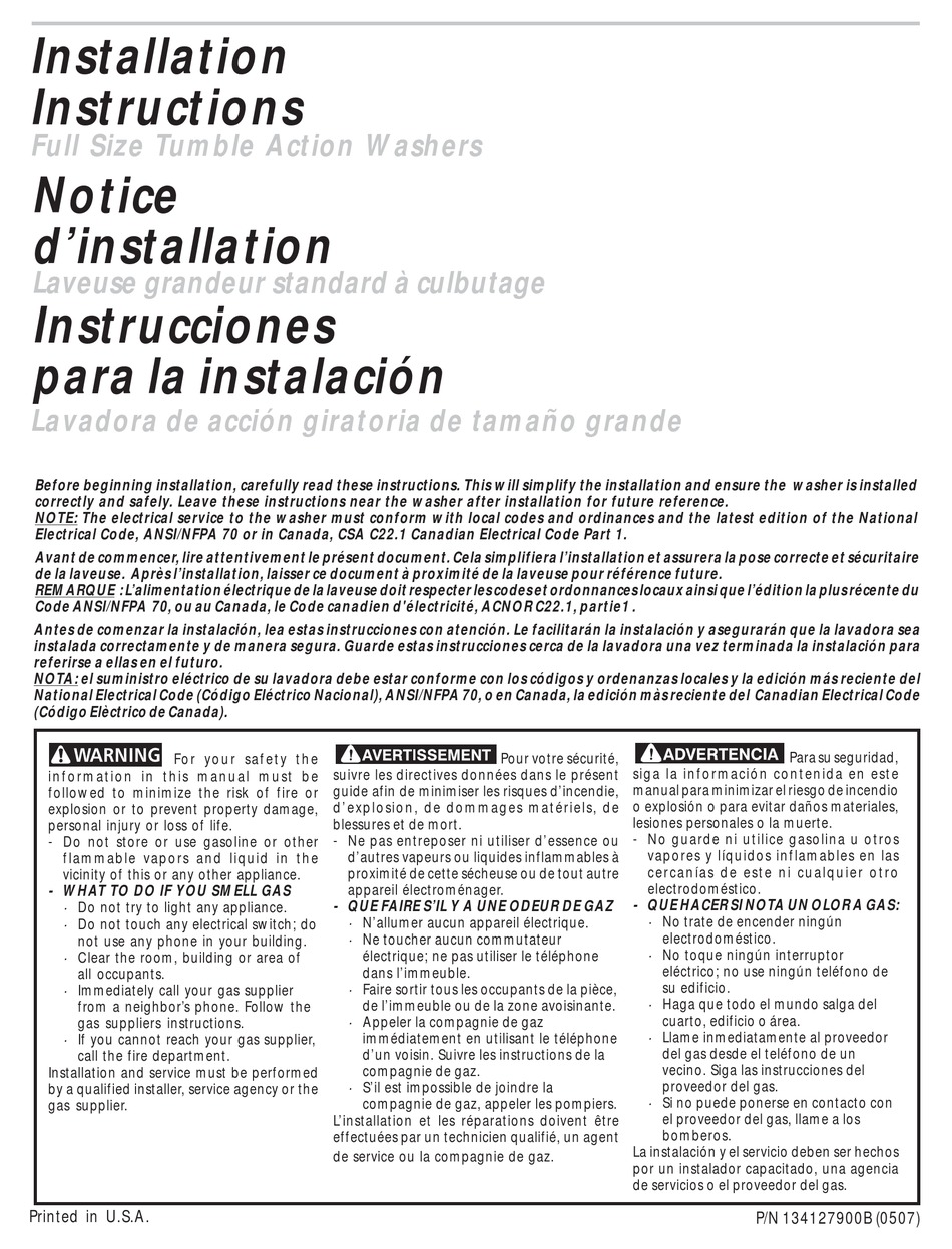 FRIGIDAIRE FTF530FS WASHER INSTALLATION INSTRUCTIONS MANUAL ManualsLib