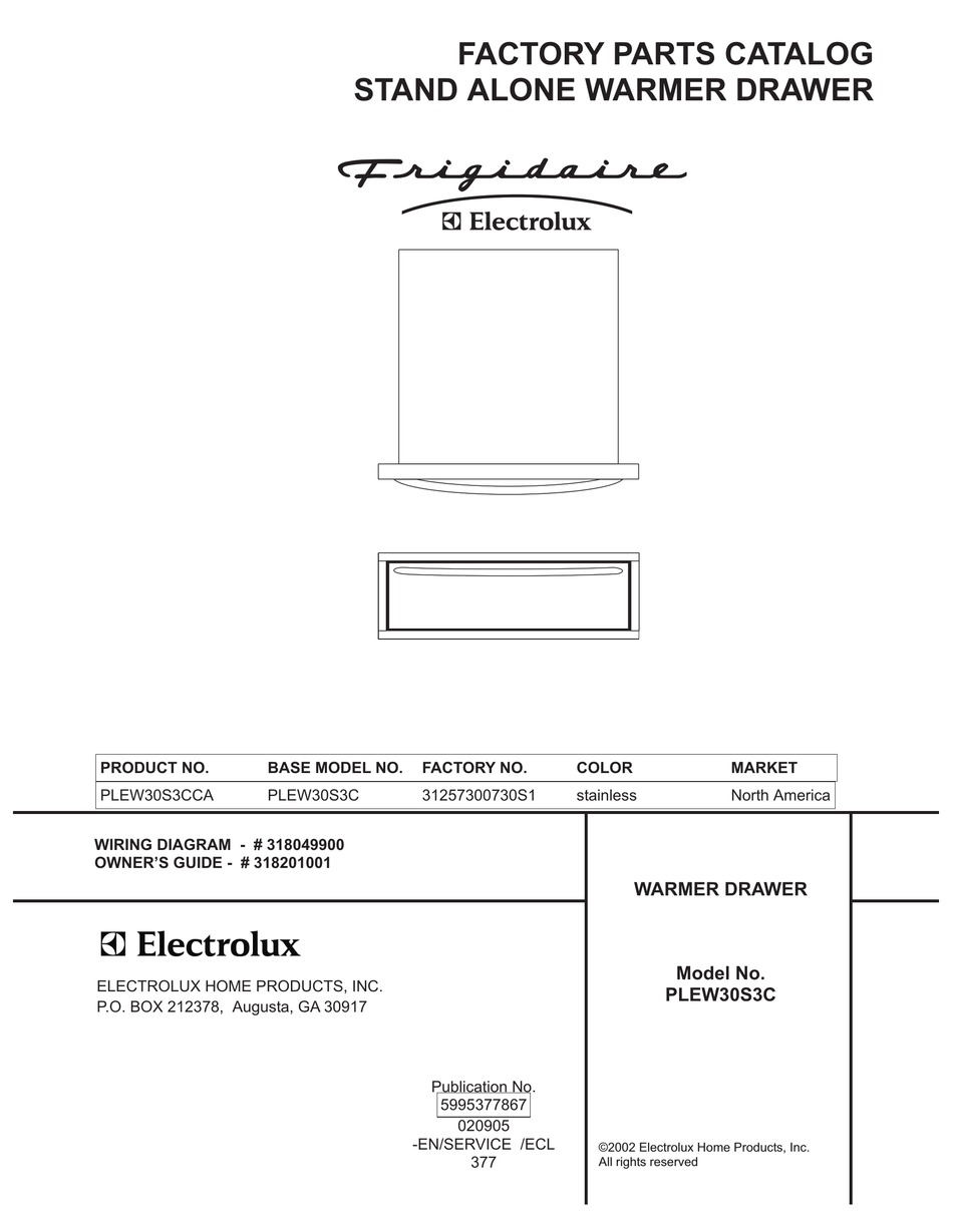 FRIGIDAIRE PLEW30S3C WARMING DRAWER FACTORY PARTS CATALOG ManualsLib