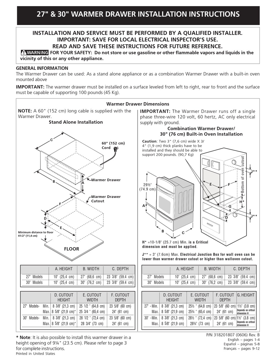 FRIGIDAIRE PLEW30S3FCB WARMING DRAWER INSTALLATION INSTRUCTIONS MANUAL