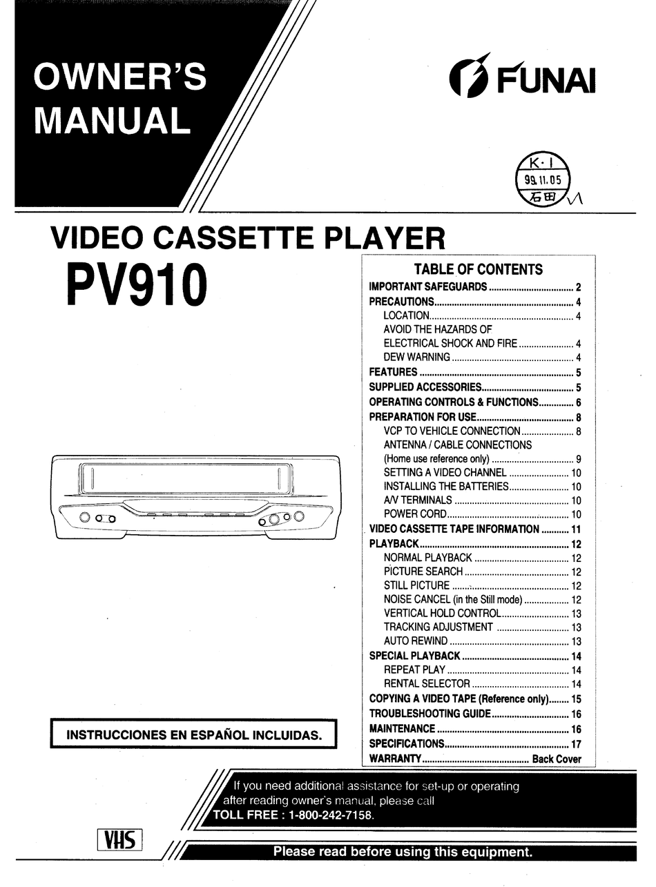 FUNAI PV910 VCR OWNER'S MANUAL ManualsLib