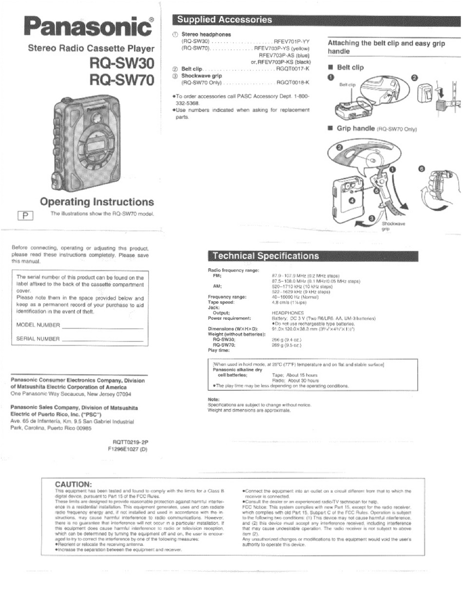 Panasonic Rq Sw30 Operating Instructions Manual Pdf Download Manualslib