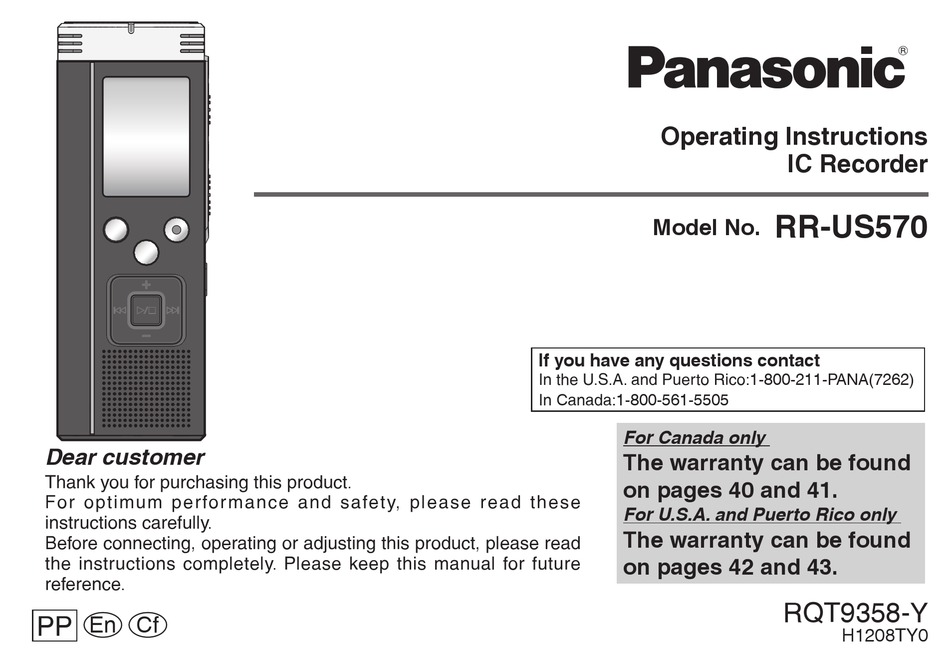 PANASONIC RR-US570 VOICE RECORDER OPERATING INSTRUCTIONS MANUAL 