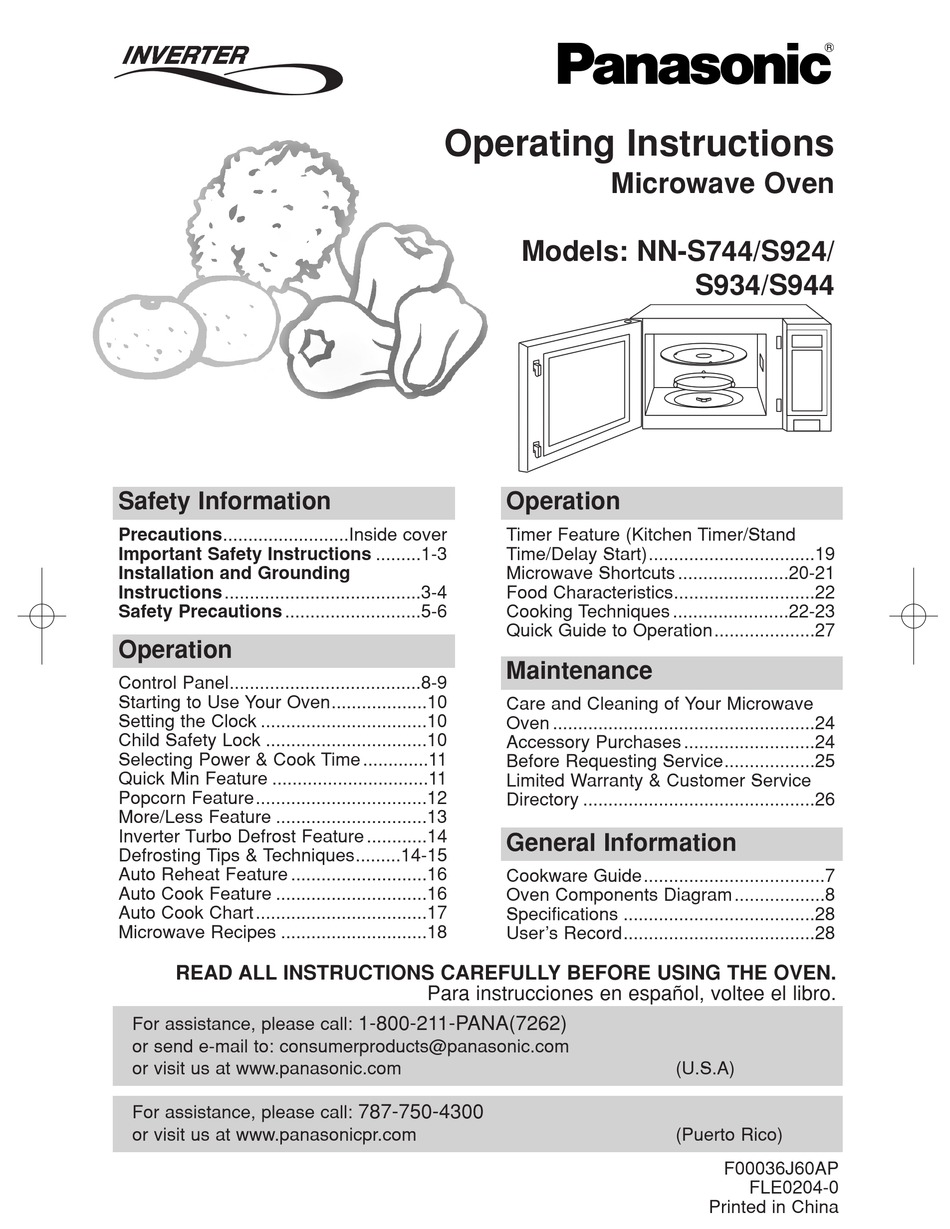 PANASONIC NNS934WF MICROWAVE OVEN OPERATING INSTRUCTIONS MANUAL