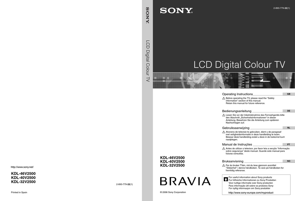 SONY BRAVIA KDL-46V2500 OPERATING INSTRUCTIONS MANUAL Pdf Download