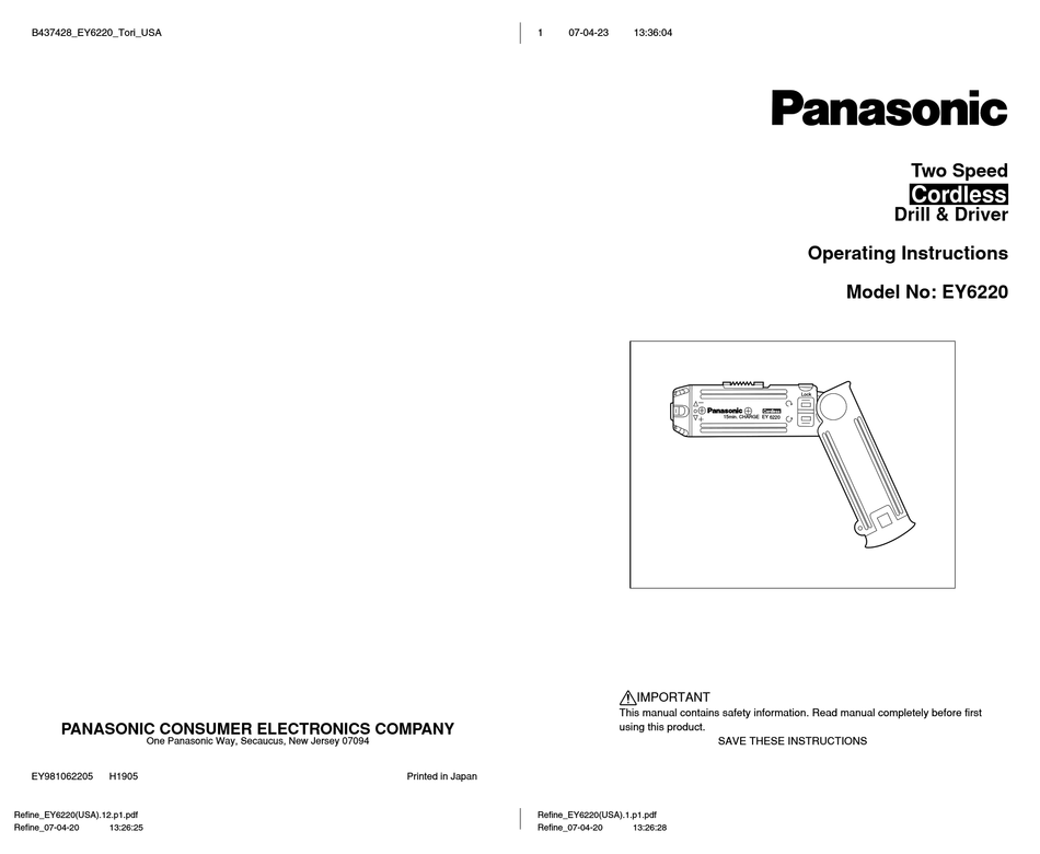 PANASONIC EY6220NQ DRILL OPERATING INSTRUCTIONS MANUAL ManualsLib